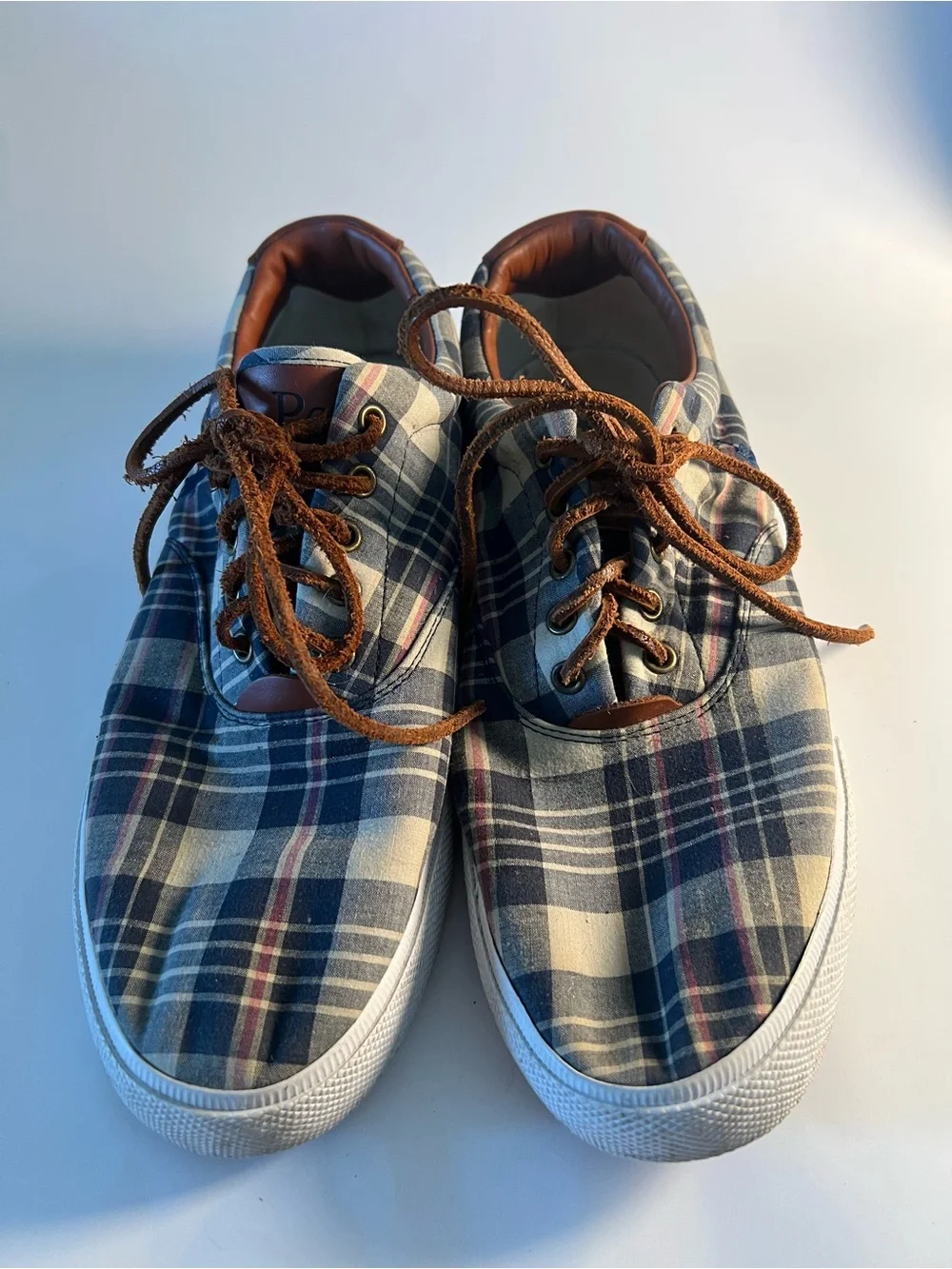 Polo Ralph Lauren Plaid Canvas Low-Top Sneakers in Blue and Brown Size 13